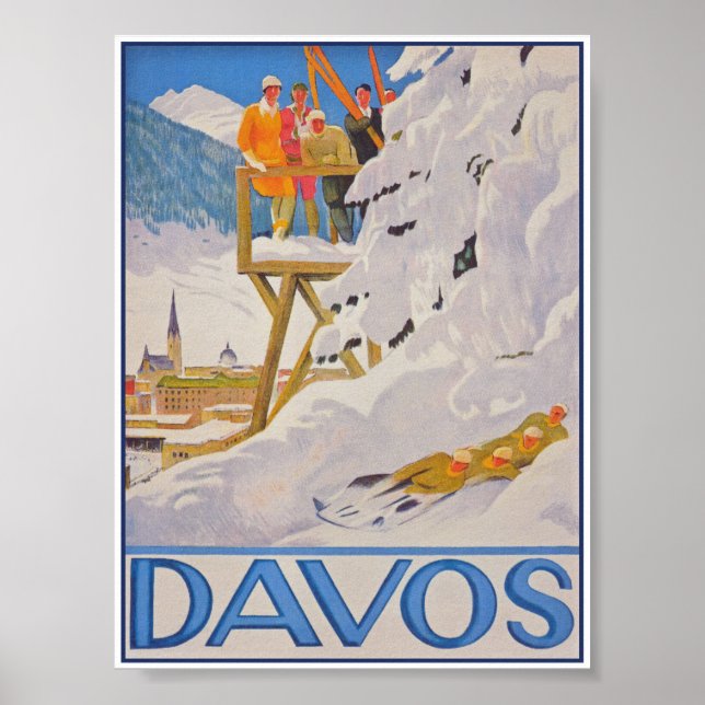 Póster Afiche de viaje para esquiar de época en Davos Sui (Frente)