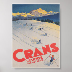 Póster Afiche de viaje para esquiar de la época de Crans 