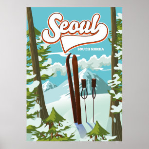 Póster Afiche de viaje para esquiar en Seúl, Corea del Su