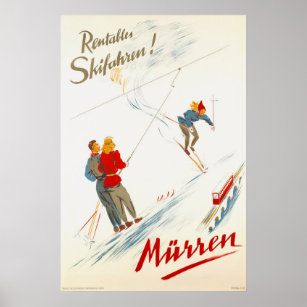Póster Afiche de viaje para esquiar por la época de Murre