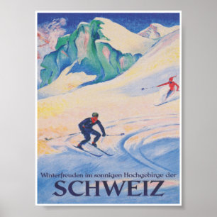 Póster Afiche de viaje para esquiar por Suiza