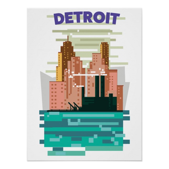 Póster Afiche de viaje por la ciudad de Detroit. (Anverso)