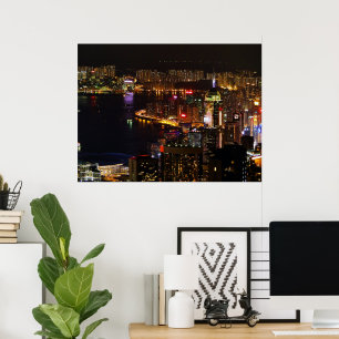 Póster Afiche de viaje por la noche en Hong Kong