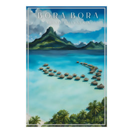 Póster Afiche de viaje retro de Bora bora, polinesia fran