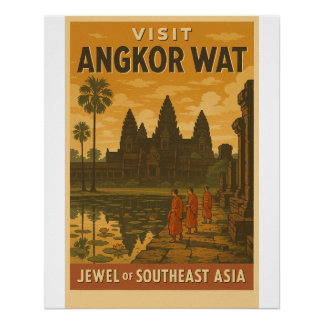Póster Afiche de viaje retro del templo de Angkor Wat