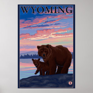 Póster Afiche de Viaje Vintage de Bear and CubWyoming