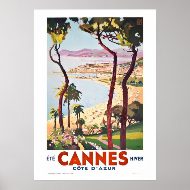 Póster Afiche de viajes de Cannes de época en la Riviera  (Frente)