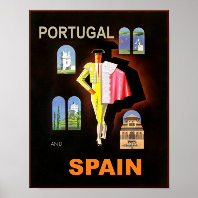 Póster Afiche de viajes de España y Portugal. (Frente)