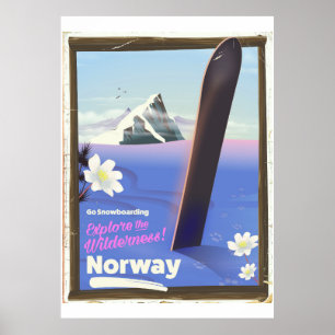 Póster Afiche de viajes estilo vintage de Snowboard en No