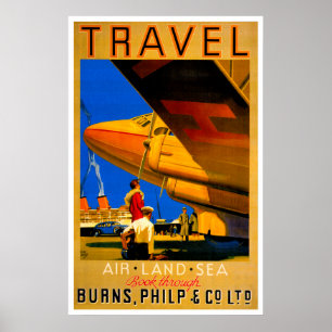 Póster Afiche de viajes por aire, mar y tierra