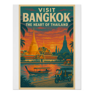 Póster Afiche de viajes retro en Bangkok, Tailandia