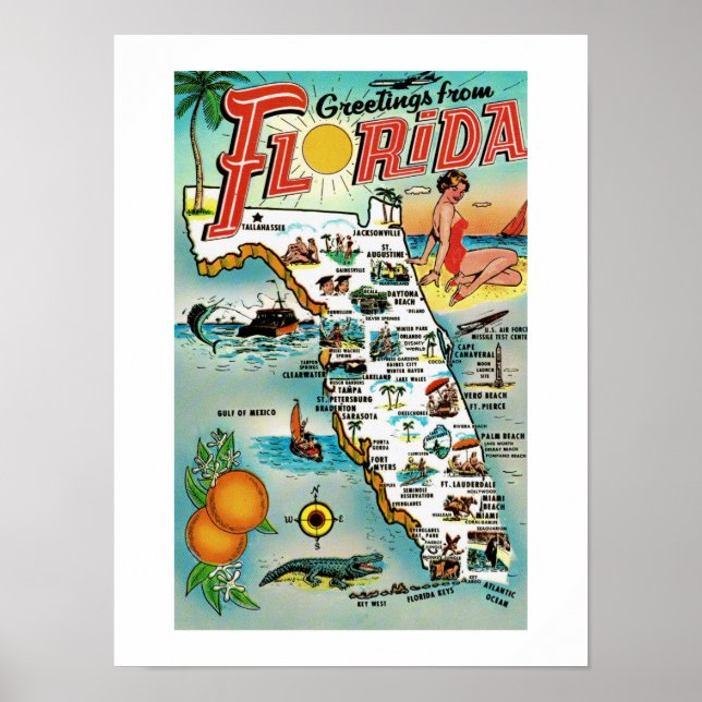 Póster Afiche del mapa Florida Retro 12x16 (Frente)