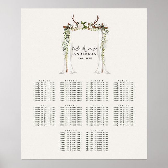 Póster Afiche del plan de asiento del boda floral rústico (Frente)