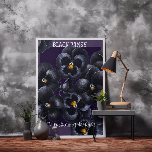 Póster Afirmación de las flores oscuras del negro pansy (black pansy poster leaning against a wall.)