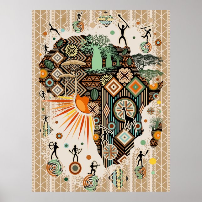 Póster Africa Map Decorative Tribal Elements Pattern (Frente)