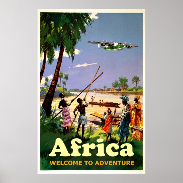 Póster África, tribu africana mirando el próximo avión (Frente)