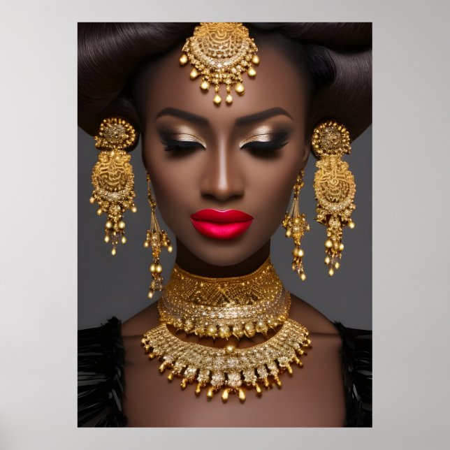 Póster African exotic glam gold  jewel earrings pearls (Frente)