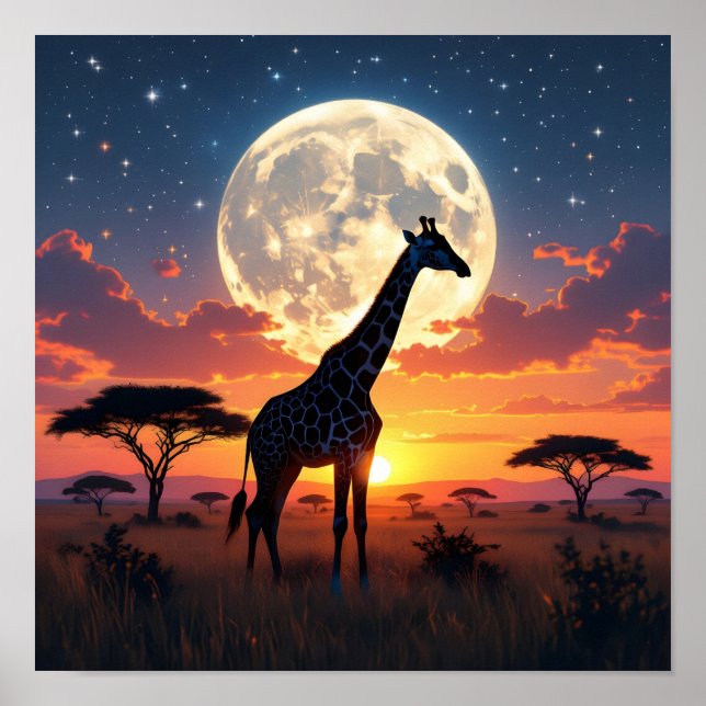 Póster African Sunset Moon Giraffe Poster (Frente)