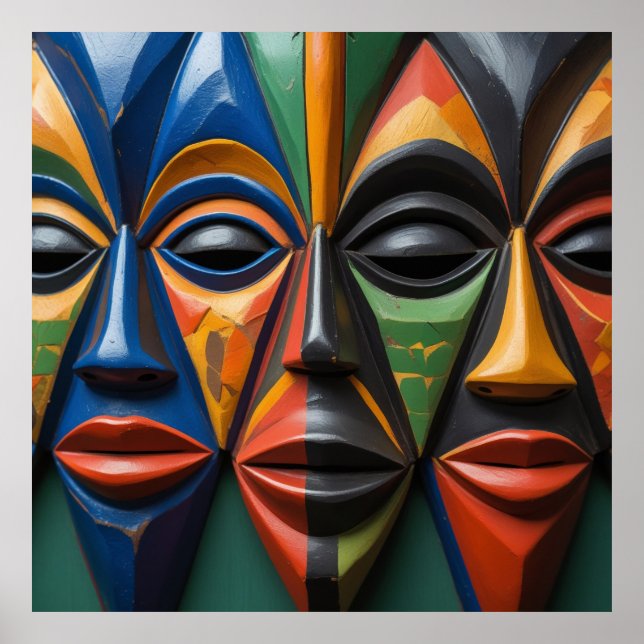 Póster African Tribal Mask Trio Dynamic Symmetry (Frente)