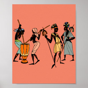 Póster African Women cooking and dancing