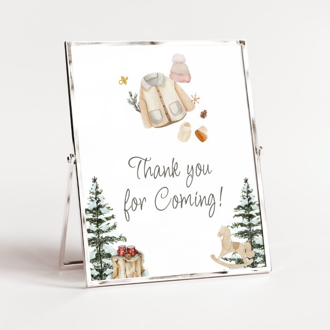 Póster Afuera la ropa de invierno fría gracias por venir (Merry Little Winter Baby Clothes Baby Shower Thank you for Coming Sign)