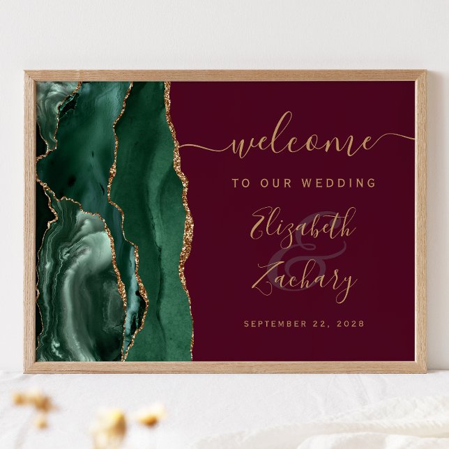 Póster Agate Emerald Green Gold Burgundy Wedding Welcome (Subido por el creador)