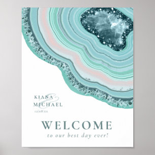 Póster Agate Geode Purpurina Boda Bienvenida Verde azulad