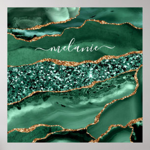 Póster Agate Green Gold Purpurina Geode Marble Custom Nam