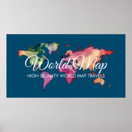 Póster Agencia de Viajes Azul Mapa del Mundo en Acuarela 