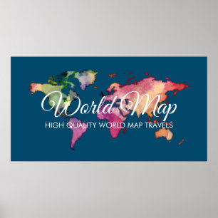 Póster Agencia de Viajes Azul Mapa del Mundo en Acuarela