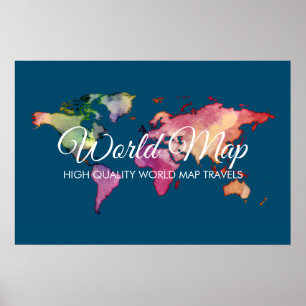 Póster Agencia de Viajes Azul Mapa del Mundo en Acuarela 