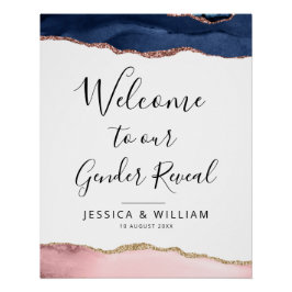 Póster agio azul y rubor género de bebé revelar signo