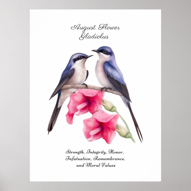 Póster Agosto Mes de Nacimiento Flor Gladiolus con Pájaro (Frente)