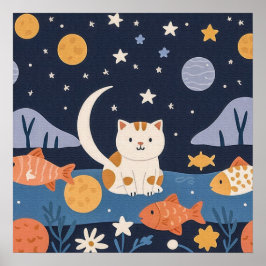 Póster Agradable pequeño gatito entre estrellas y peces