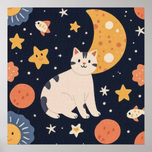 Póster Agradable pequeño gatito entre estrellas y peces