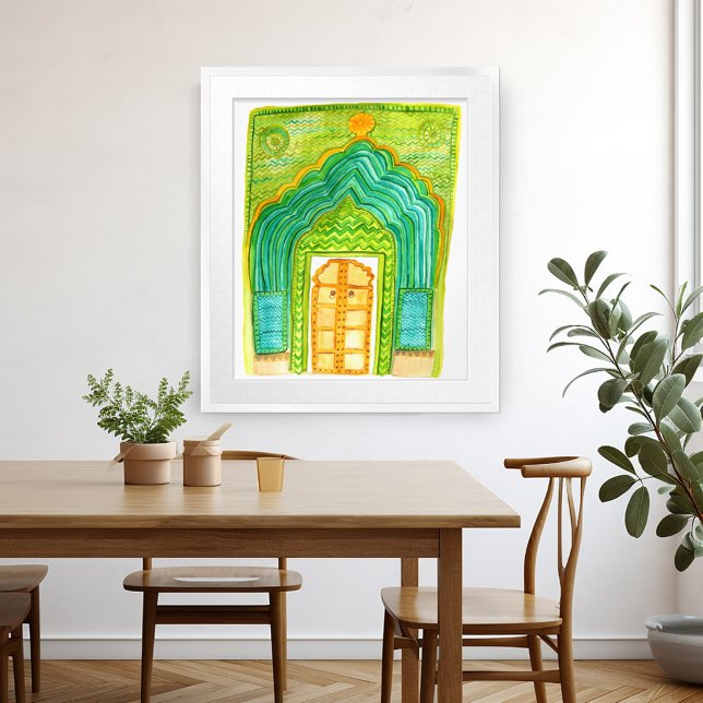 Póster Agua de la puerta del pavo real del Palacio de la  (Peacock Door Watercolor Jaipur City Palace Green Poster Wall Art colorful green unique)