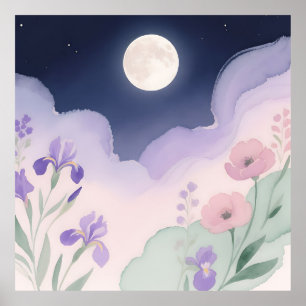 Póster Agua de Luna Llena Iris Floral Nocturna en Acuarel
