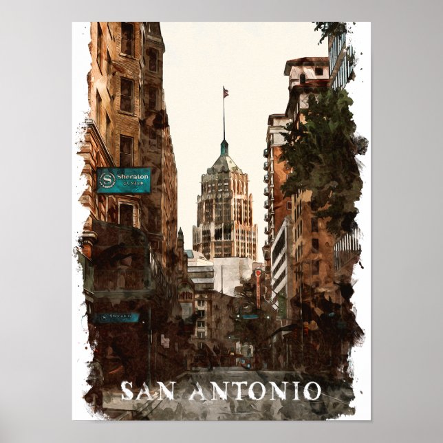Póster Agua de viaje de la ciudad de San Antonio Texas (Frente)