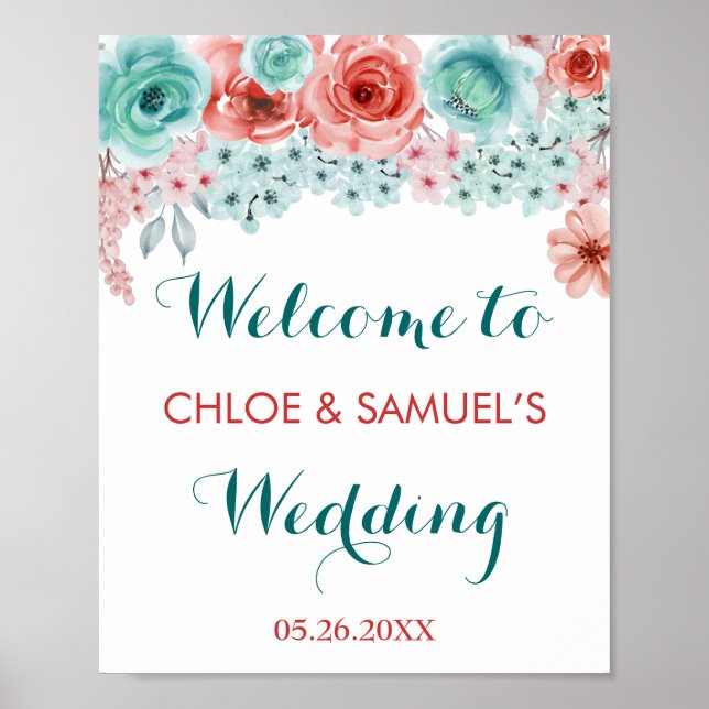 Póster Agua Floral Coral Rosa Aqua Boda Bienvenida (Frente)