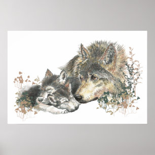 Póster Agua para animales Woodland Wolf Mom Cubs