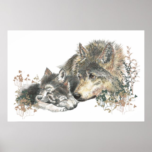 Póster Agua para animales Woodland Wolf Mom Cubs (Frente)