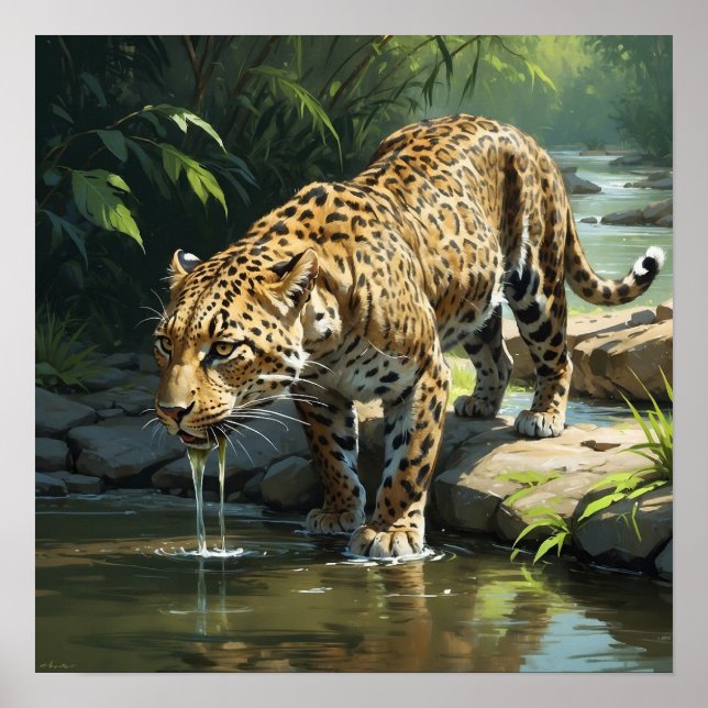 Póster Agua potable de leopardo en pintura de ríos (Frente)