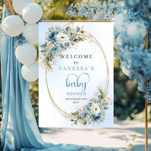 Póster Aguamarina Flores Azules Polvo Dorado Baby Shower 