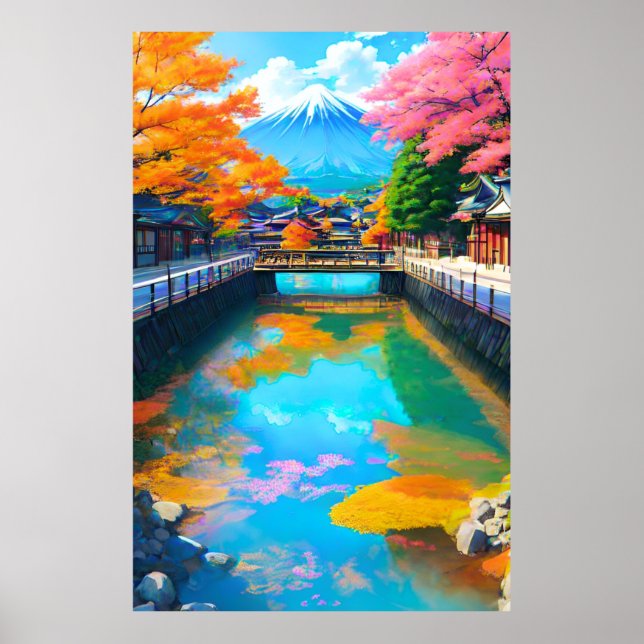 Póster Aguas tranquilas: Reflexión del monte Fuji (Frente)