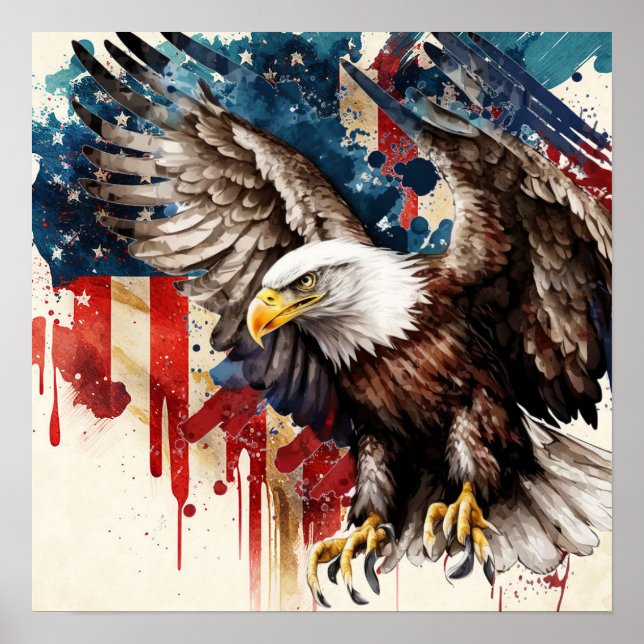Póster Águila americana con bandera de los Estados Unidos (Frente)