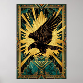 Póster Águila atrevida Art Déco en vuelo dorado y negro
