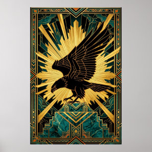 Póster Águila atrevida Art Déco en vuelo dorado y negro