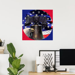 Póster Águila calva americana, campana y bandera 24x24