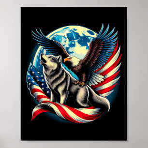 Póster Águila calva americana y lobo bandera de EE. UU. 4
