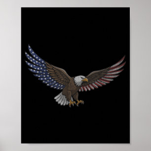 Póster Águila calva angustiada volando bandera estadounid